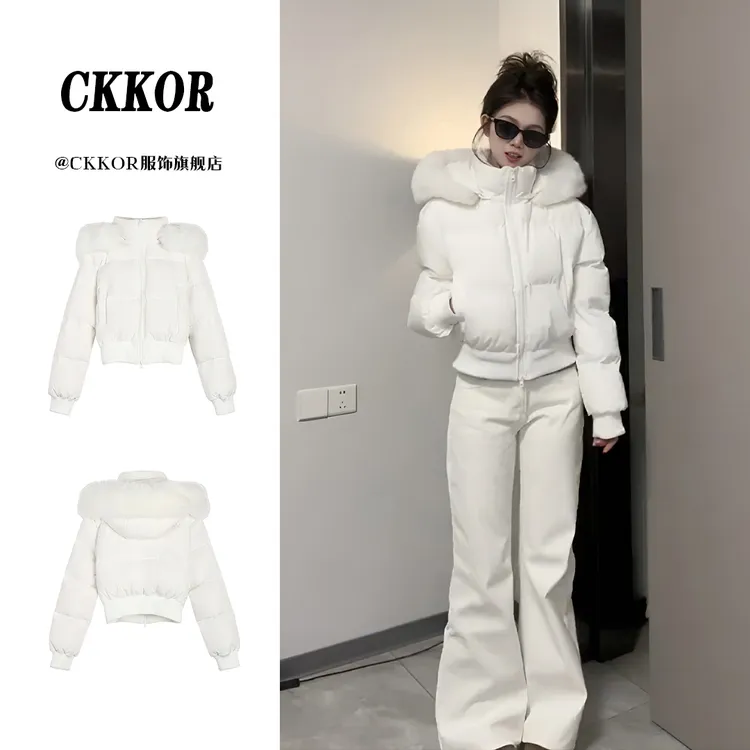 CKKOR美式复古连帽毛领棉服外套女秋冬季新款加厚短款面包服棉衣