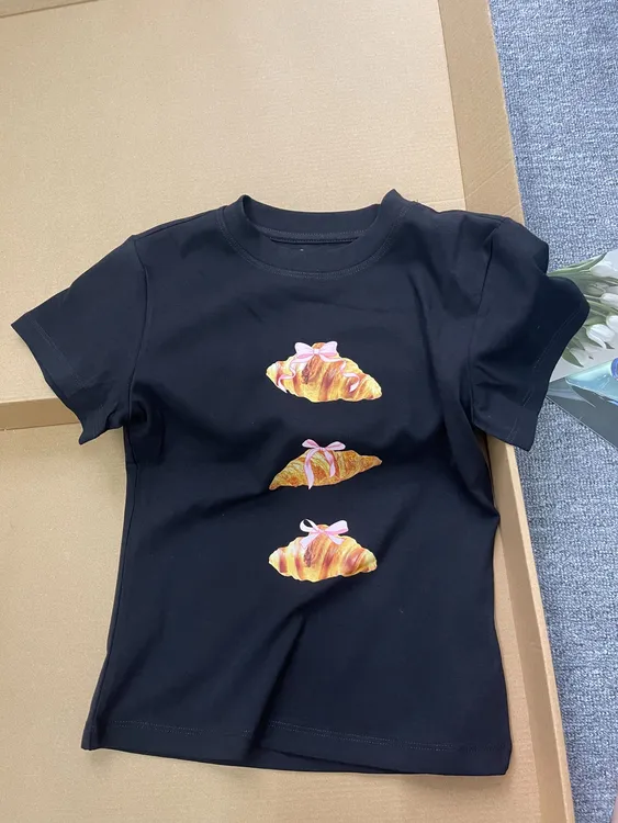 2025夏季新款美式复古修身百搭小众蝴蝶结印花上衣ins韩系风撞色