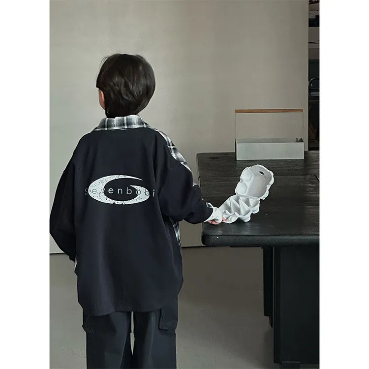 【现货】童装男童衬衫2025新款儿童秋冬款中大童长袖格子拼接外套