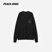 『PEACHZHOU』马蹄梵文印花口袋宽松圆领长袖美式休闲中性大版T恤