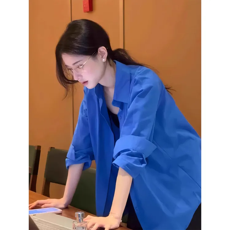 芯娇晴克莱因蓝色衬衫外套女2025春秋季新款法式气质宽松衬衣上衣