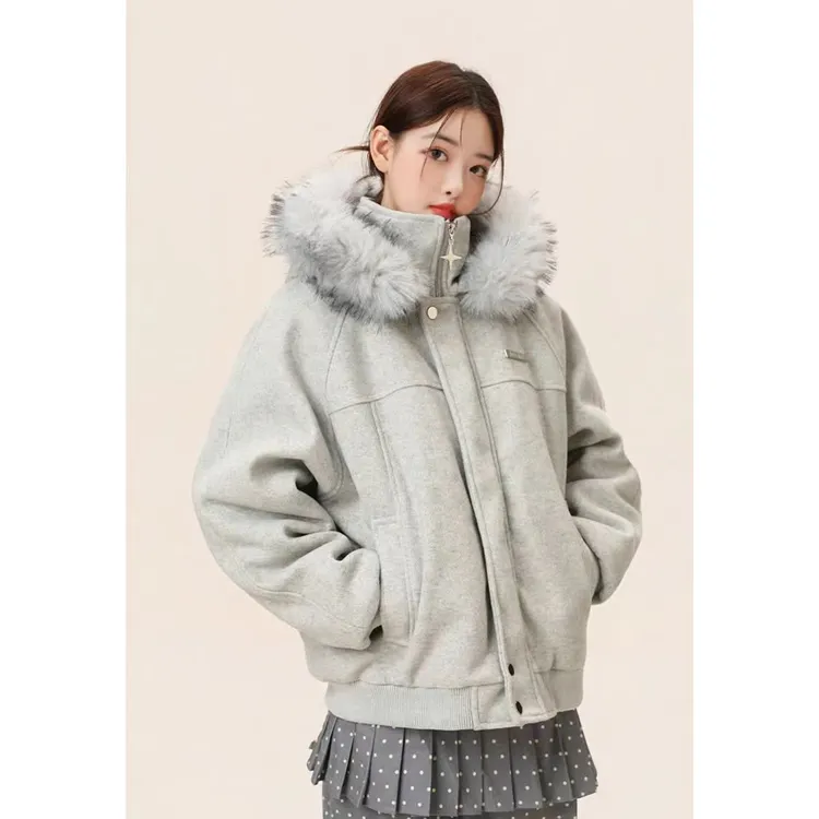 冬装座山雕毛领连帽棉服外套男女同款毛呢加厚保暖情侣装高级棉衣