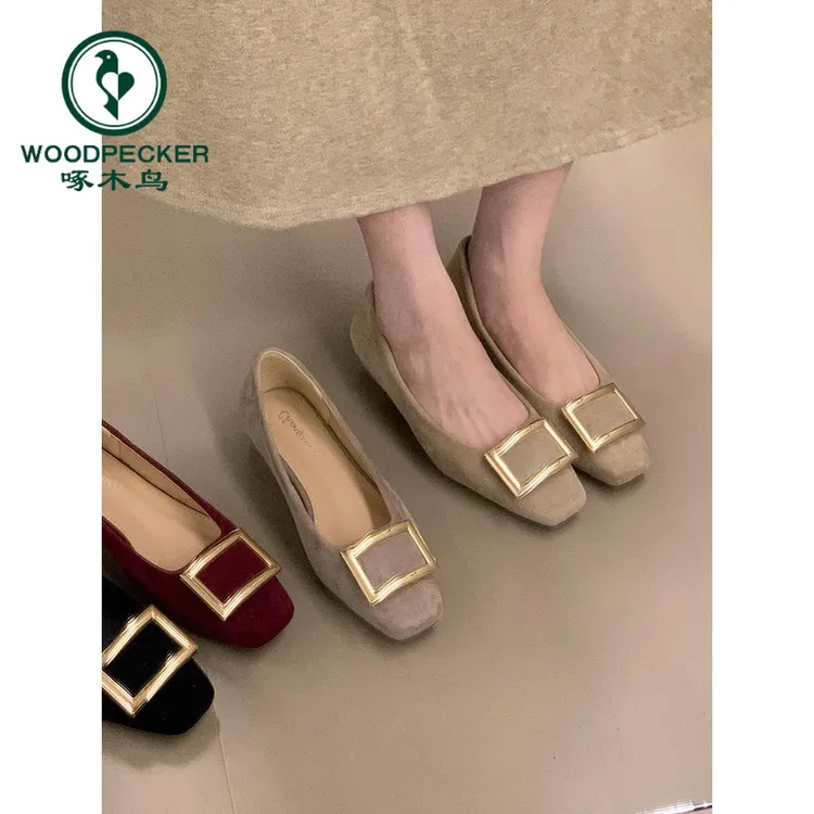 啄木鸟法式方扣绒面粗跟单鞋2025秋新款通勤气质显瘦女鞋气质瓢鞋