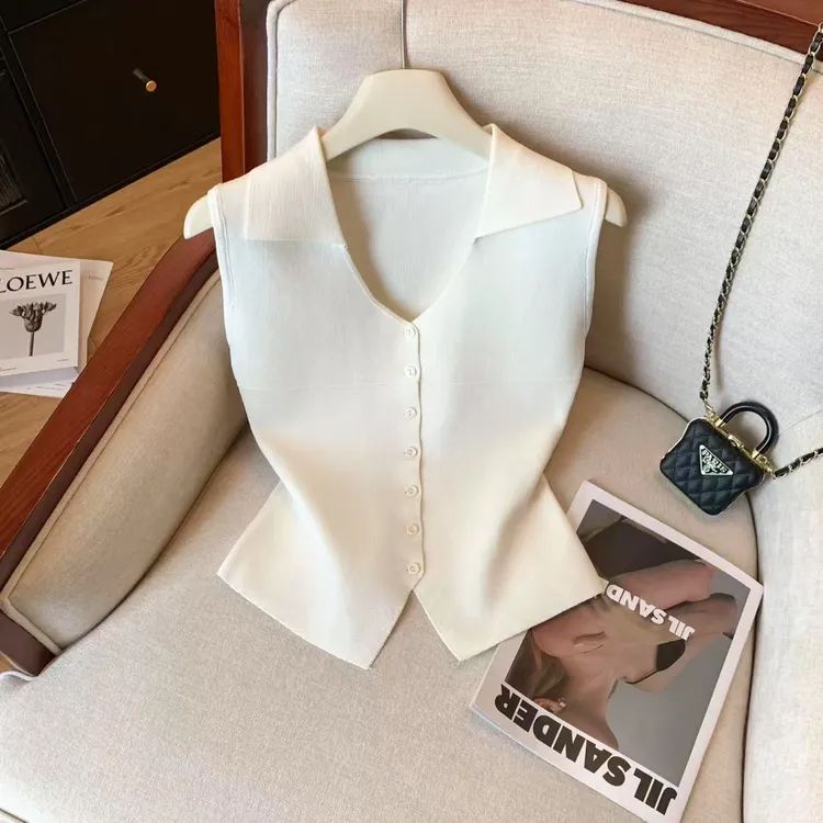 夏季气质Polo领无袖排扣小衫女装独特漂亮设计感开叉针织背心上衣