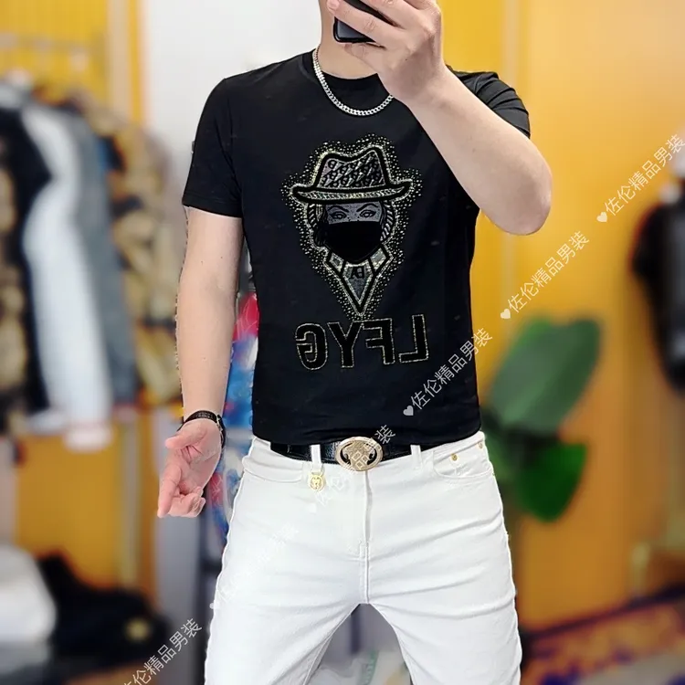 202525025夏季新款时尚男士烫钻修身百搭金典体恤