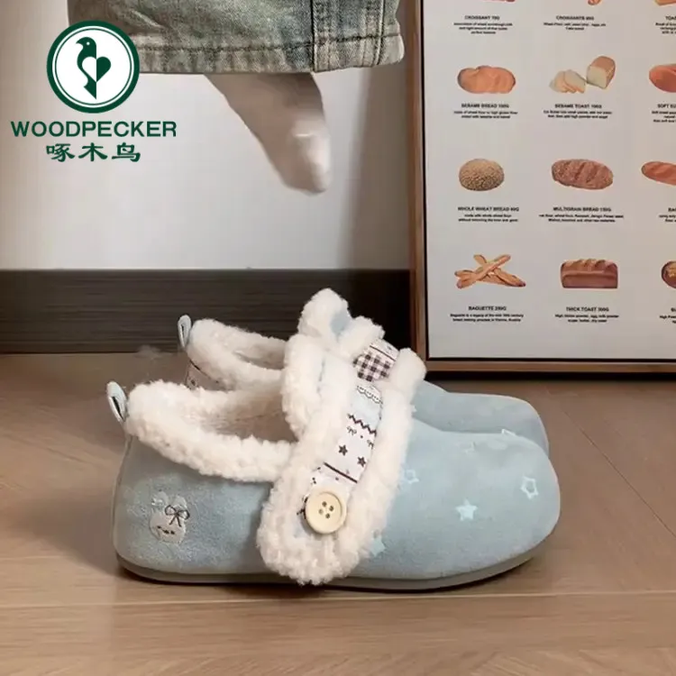 啄木鸟小众蓝色加绒勃肯鞋女2025新款冬增高雪地靴保暖棉鞋子外穿