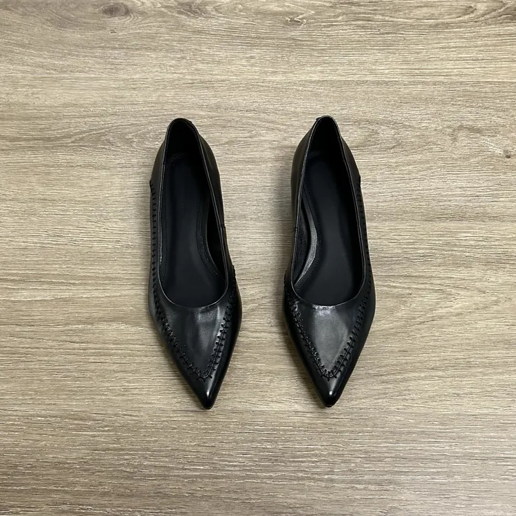 Dannyfrey法式优雅气质尖头编织女头层牛皮不累脚软底浅口单鞋4CM