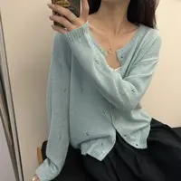 春季针织薄款圆领毛针织衫长袖短款百搭显瘦镂空韩版秋季设计感