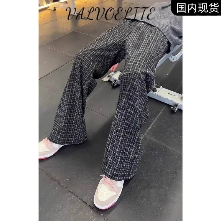 黑色小香风千鸟格子休闲裤男款冬季美式加绒加厚裤子慵懒阔腿棉裤