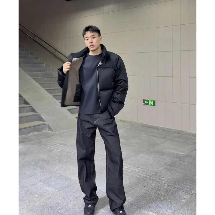 千鸟格拼色立领羽绒服新国标90白鸭绒boxy防水冬季保暖面包服外套