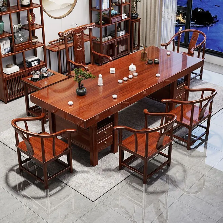 【店铺热销】实木大板花梨色茶桌椅组合新中式功夫禅意泡茶台办公室