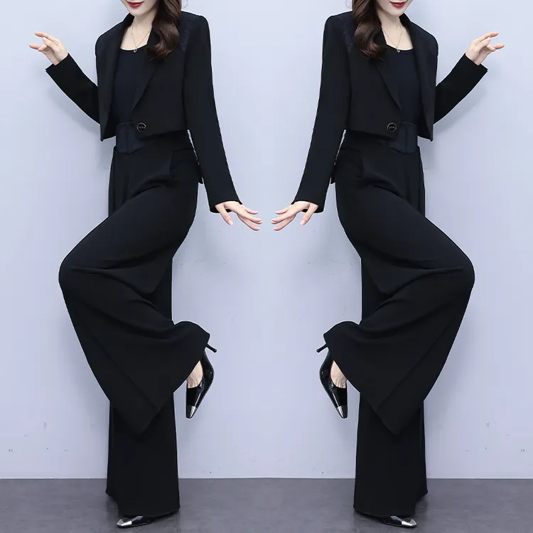 黑色西装三件套女装2025秋季新款高腰阔腿裤气质轻熟风时尚套装潮