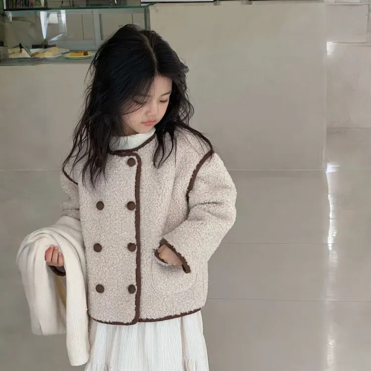 女童秋冬新款加绒毛毛外套双排扣小香风时尚百搭短款亲子装保暖