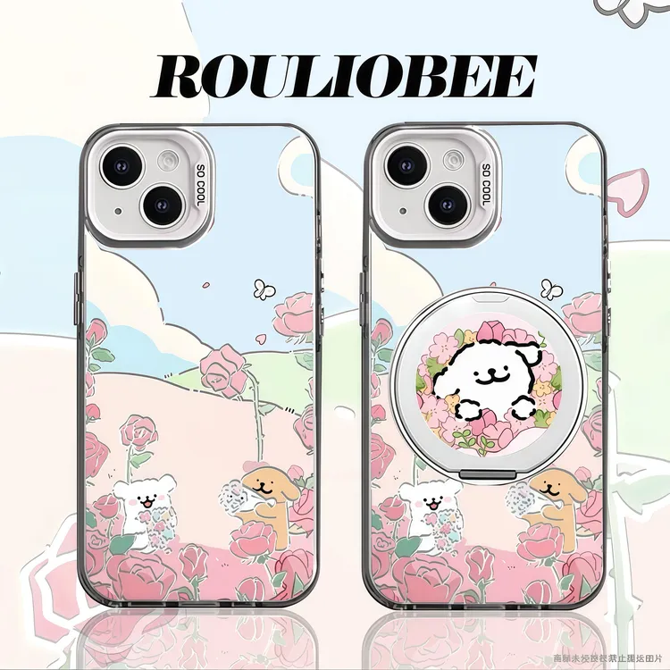 线条小狗支架适用苹果15/16promax手机壳vivo华为p70oppo小米14套