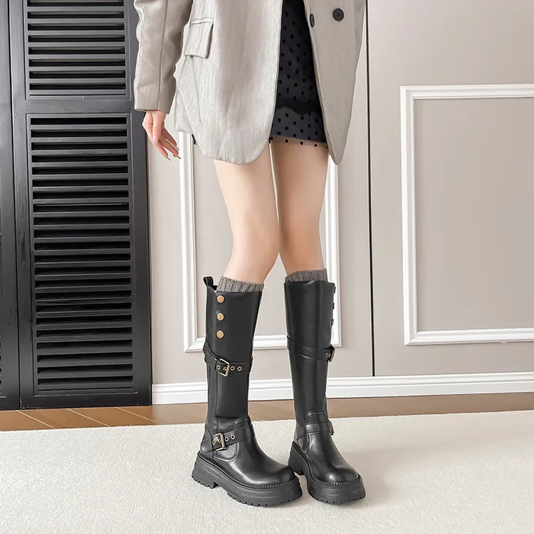 厚底5cm美拉德长短筒靴女2025秋冬款两穿复古棕色马丁靴英伦风