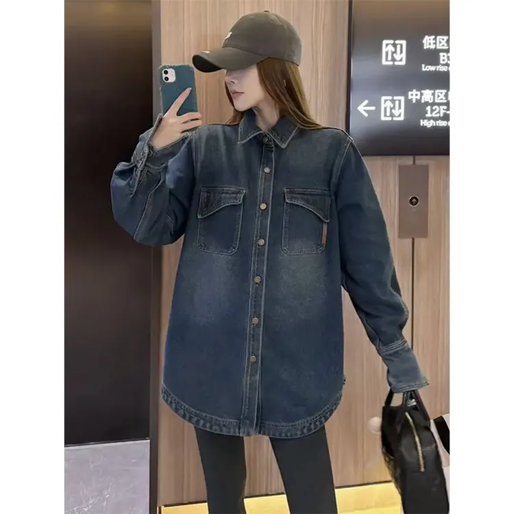 欧货复古中长款加绒加厚牛仔衬衫女冬季休闲宽松叠穿内搭衬衣外套