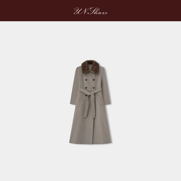 YN-SHUZE【婉若】高端澳毛长款呢大衣水貂毛外套SZ-YNB-5115