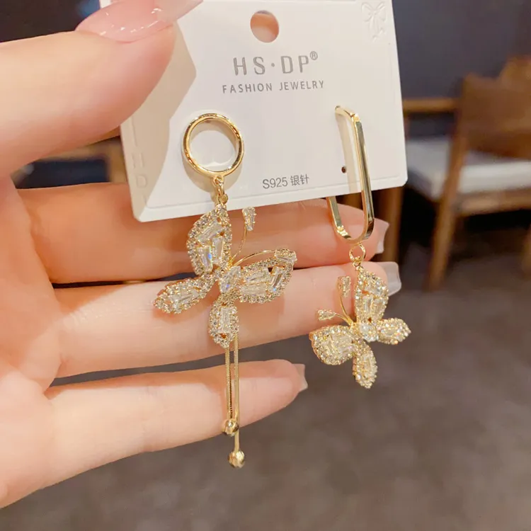 2025巨好看耳环女不对称锆石蝴蝶流苏耳坠高级感s925银针气质耳饰