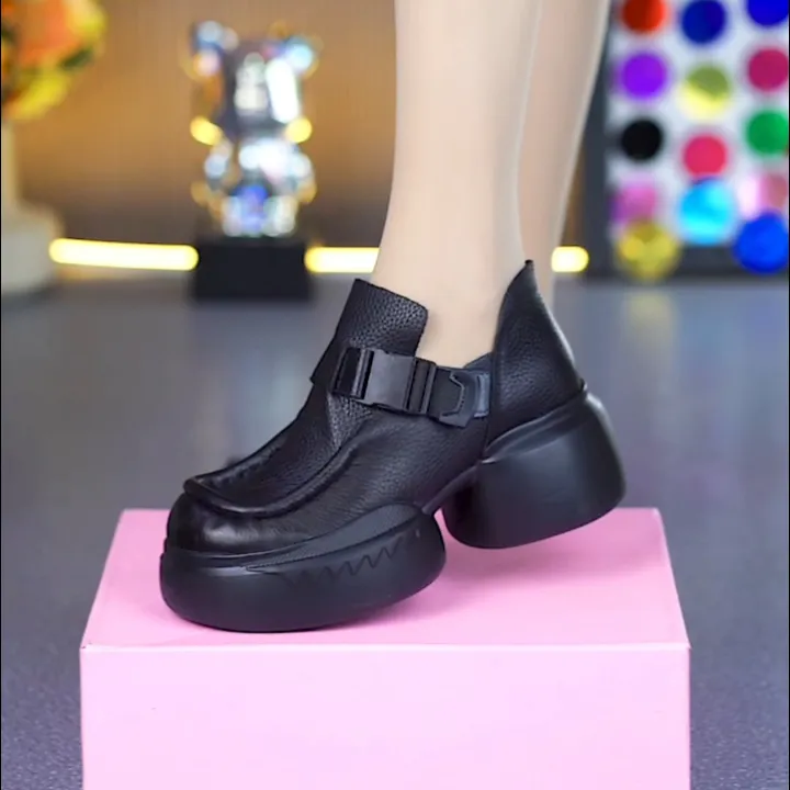 2359-1真皮女鞋纯牛皮圆头粗跟厚底皮带卡扣休闲百搭增高单鞋