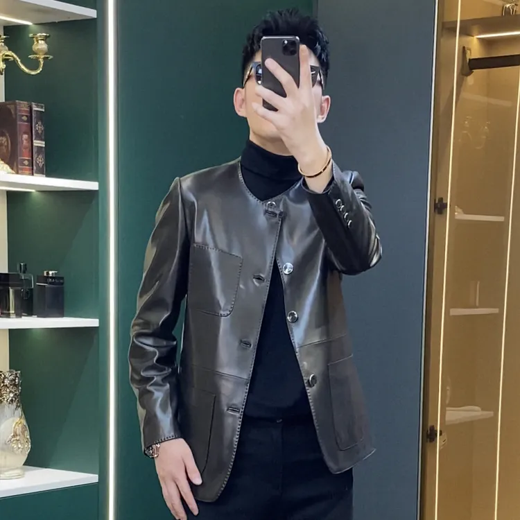 28766时尚潮款男士休闲秋季百搭圆领纯羊皮夹克