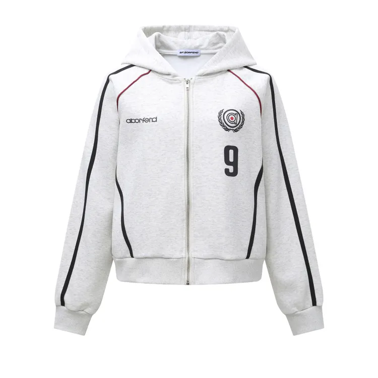 美式学院风复古宽松运动拼接数字印花情侣中性风连帽开衫卫衣外套