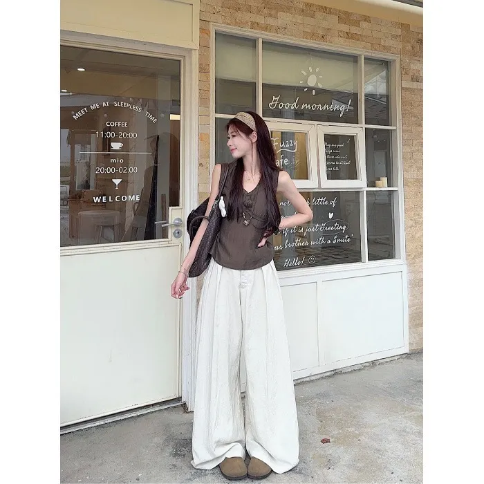 韩系复古棕色亚麻背心女夏季修身无袖v领上衣弯刀阔腿裤两件套装