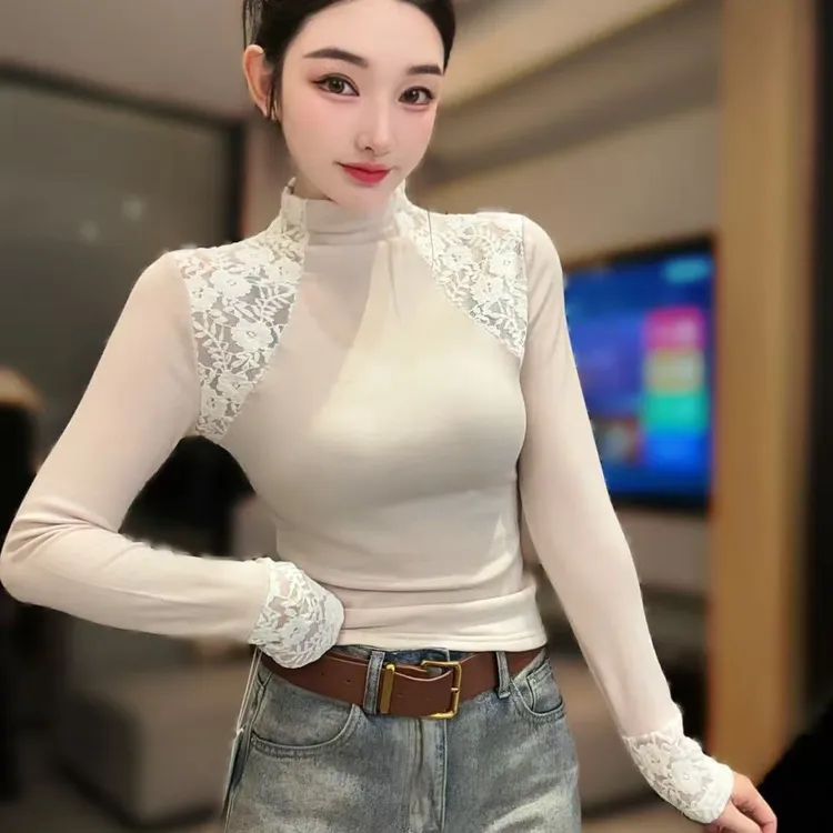 气质半高领蕾丝拼接长袖T恤内搭2025秋冬新款时尚百搭显瘦上衣