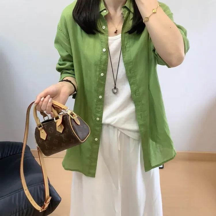 法式绝美显白翻领长袖衬衣外套女秋季薄款宽松百搭慵懒风防晒开衫