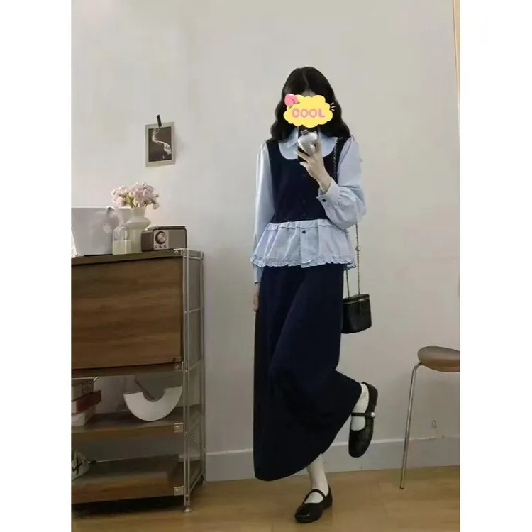 大码假两件拼接长袖衬衫显瘦半身裙两件套6002#