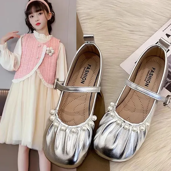 女大童小皮鞋中大童透气银色公主鞋儿童玛丽珍小女孩软底学生单鞋