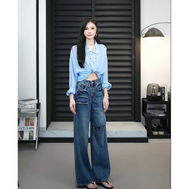 【TO&HR.GIRL】THE8982Q-蓝夏季高腰阔腿设计感牛仔休闲百搭拖地裤