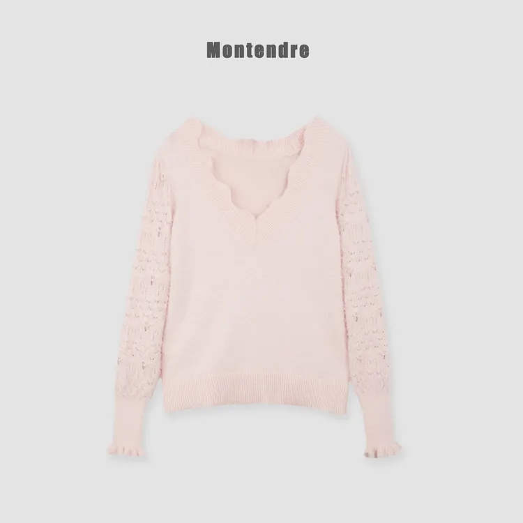 【MonTendre】秋季新款 C 百搭气质针织衫拼接袖子镂空花边领上衣