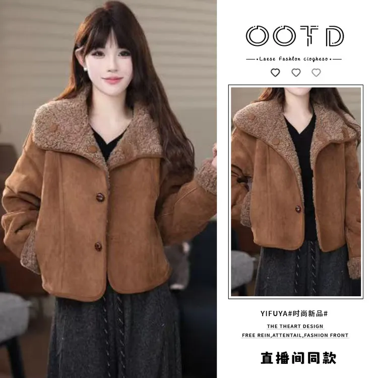 韩版百搭气质减龄短外套女2025年冬季加棉加厚翻领单排扣上衣外套