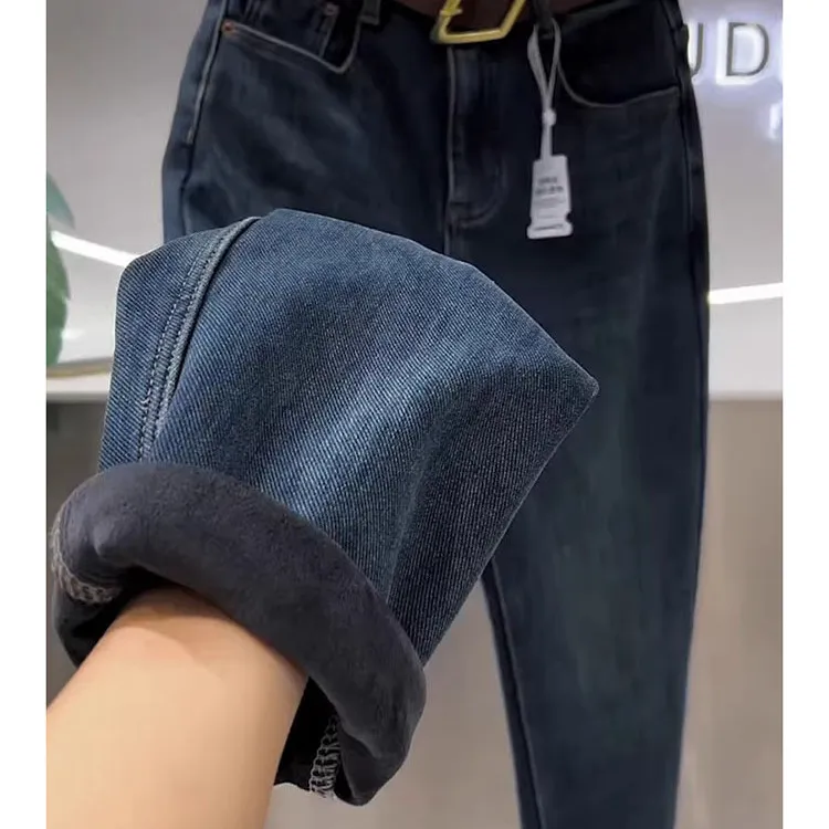 高腰弹力加绒加厚窄版哈伦牛仔裤女秋冬新款梨形大码修身直筒裤女