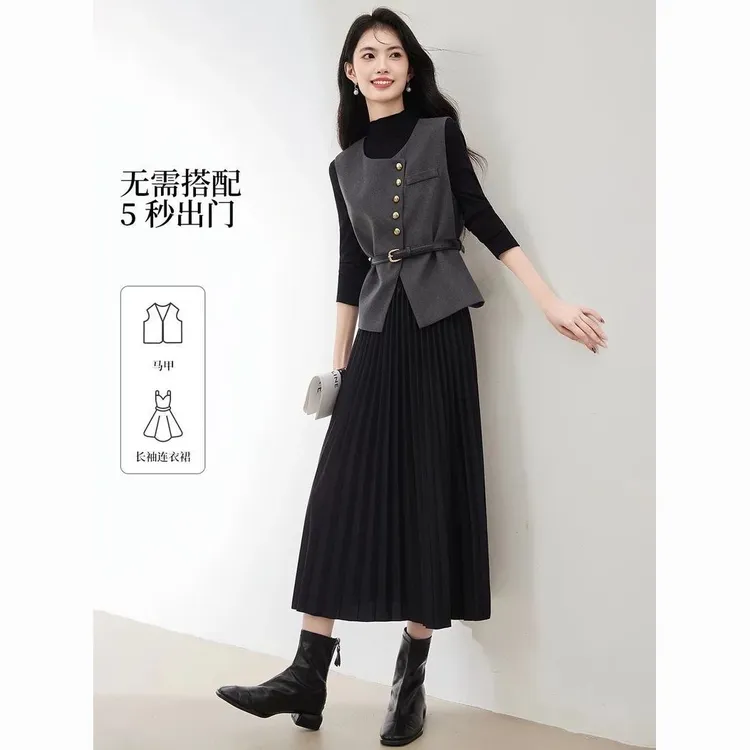 时尚百褶裙套装女2025秋冬新款宽松休闲皮上衣中长款连衣裙两件套