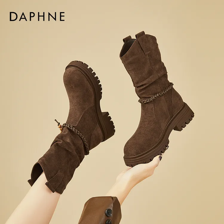 达芙妮琥珀流光V口堆堆靴女款2025新款冬季加绒厚底不过膝骑士靴