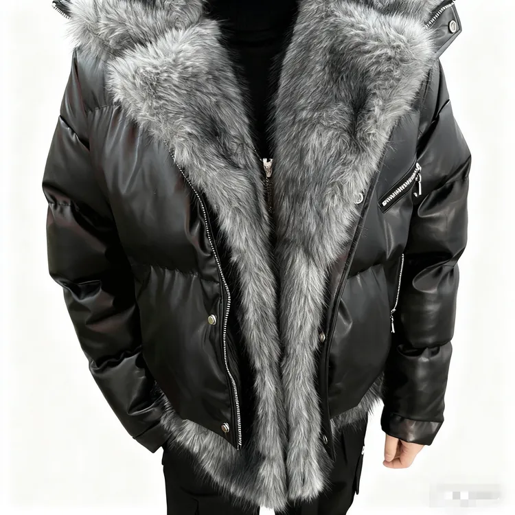 冬季男士新款高品质立领假两件翻毛领加厚拼接亮皮保暖棉服外套