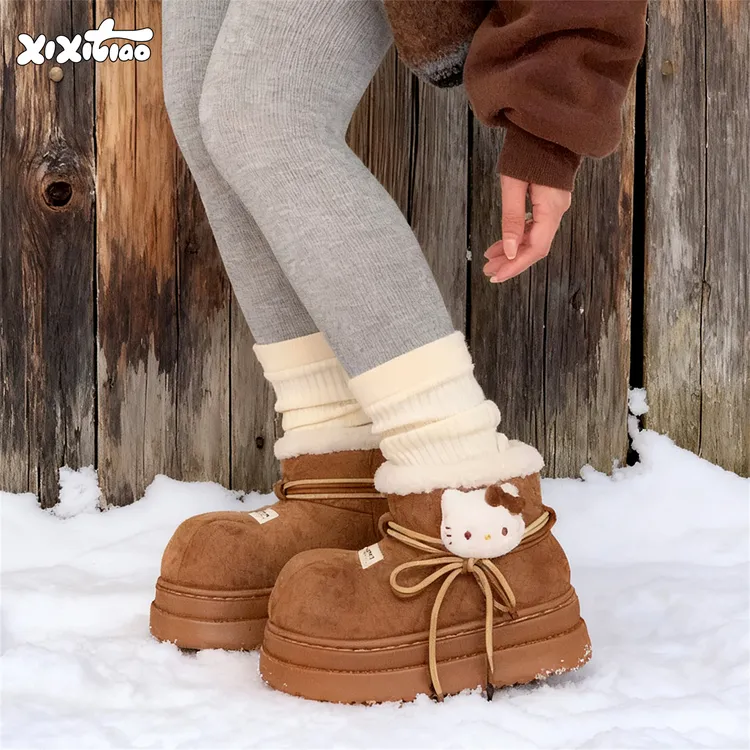 细细条 网红绑带雪地靴女冬防滑厚底正版HelloKitty保暖东北棉靴