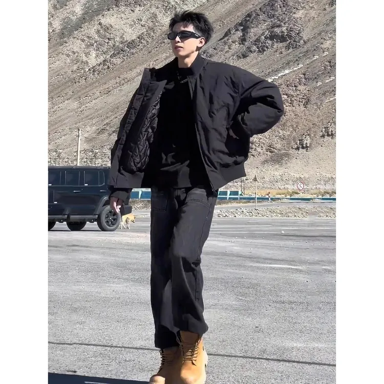 黑色短款飞行夹克棉服男冬季加厚立领棒球服美式廓形工装棉衣外套