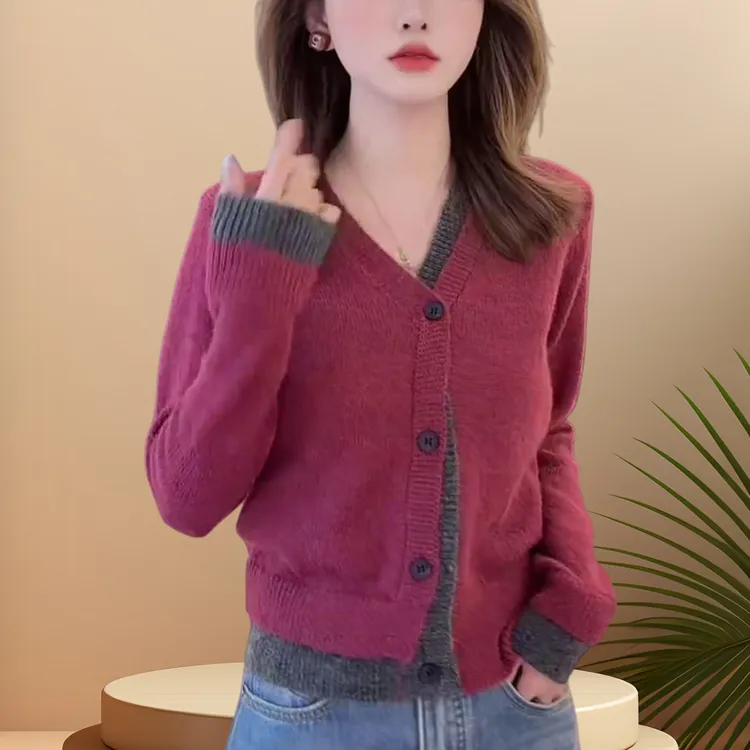 气质休闲V领撞色毛针织衫2025秋冬新款假两件拼接显瘦单排扣上衣