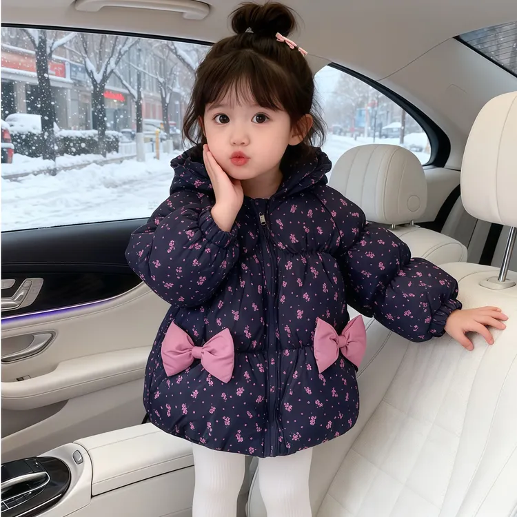 m312蝴蝶结女童冬款保暖棉服高领棉衣纯色公主风男童加厚外套洋气