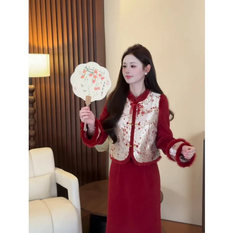 【风华-马甲】<77>新中式红梅提花拼毛羽绒马甲XMZH10750