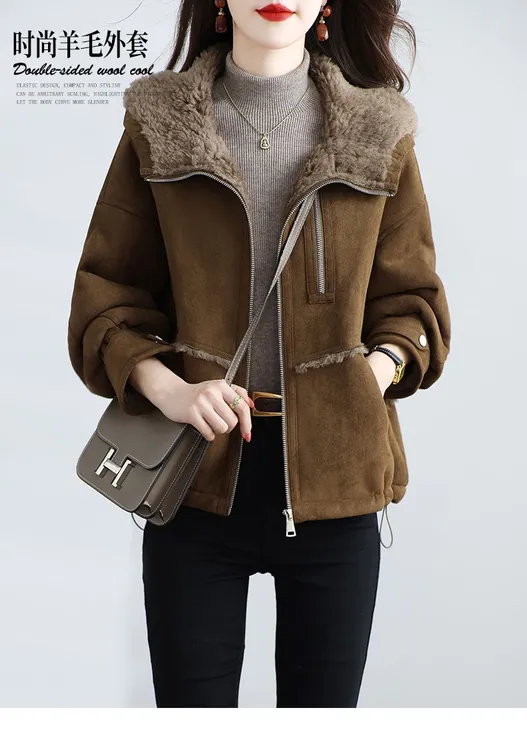 冬季新款外套女短款加厚拉链保暖连帽皮毛一体女款外套大衣冬