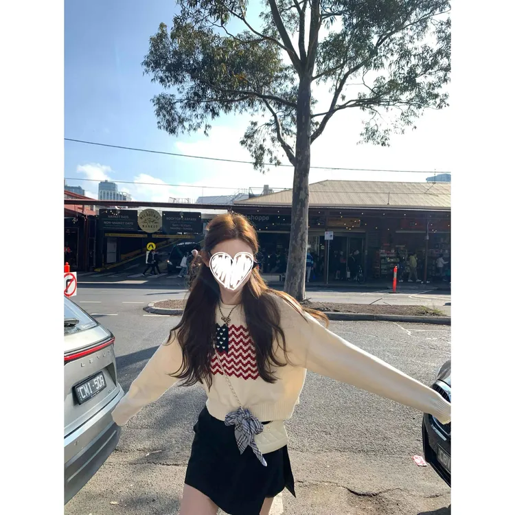 番茄妹妹Tomatosister  提花毛衣长袖百搭美式复古圆领上衣女
