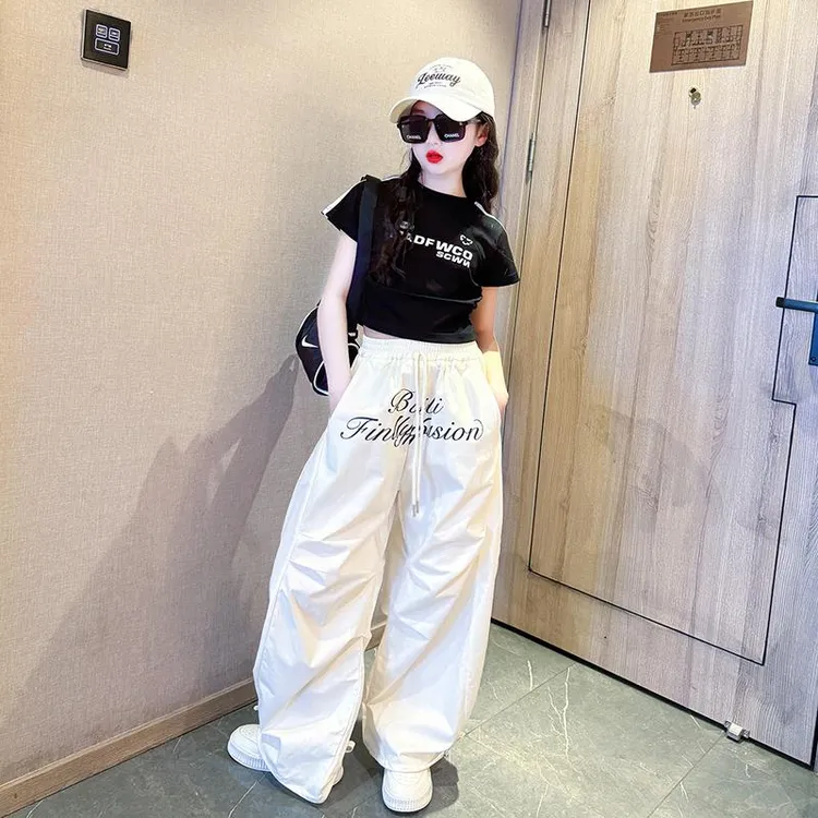 女童美式运动套装夏2025新款大童网红炸街夏装短袖儿童白色工装裤