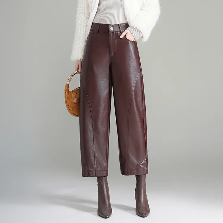 2025新款皮裤女秋冬季时尚垂感九分直筒休闲裤显瘦pu皮阔腿哈伦裤