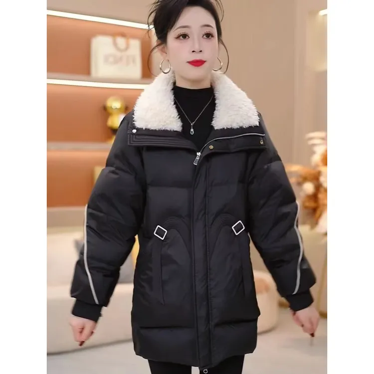 翻领中长款拼色保暖时尚加厚羽绒服新款宽松2025年冬【SJYH3658】