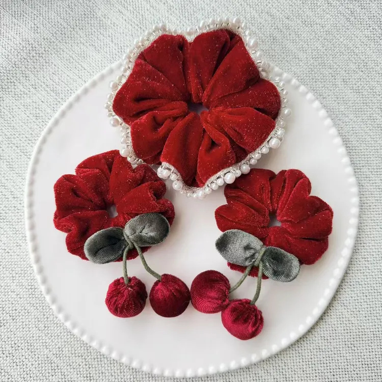 冬季年款丝绒细闪珍珠大肠发圈女高弹力百搭头绳盘发优雅头饰