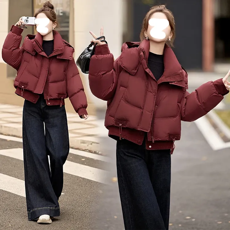 红色连帽棉服女短款秋冬季小个子时尚百搭加厚保暖泡芙面包服外套