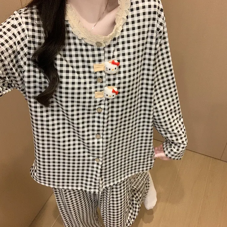 Meng luan/梦鸾卡通格子睡衣女士可外穿长袖春秋带胸垫家居服套装